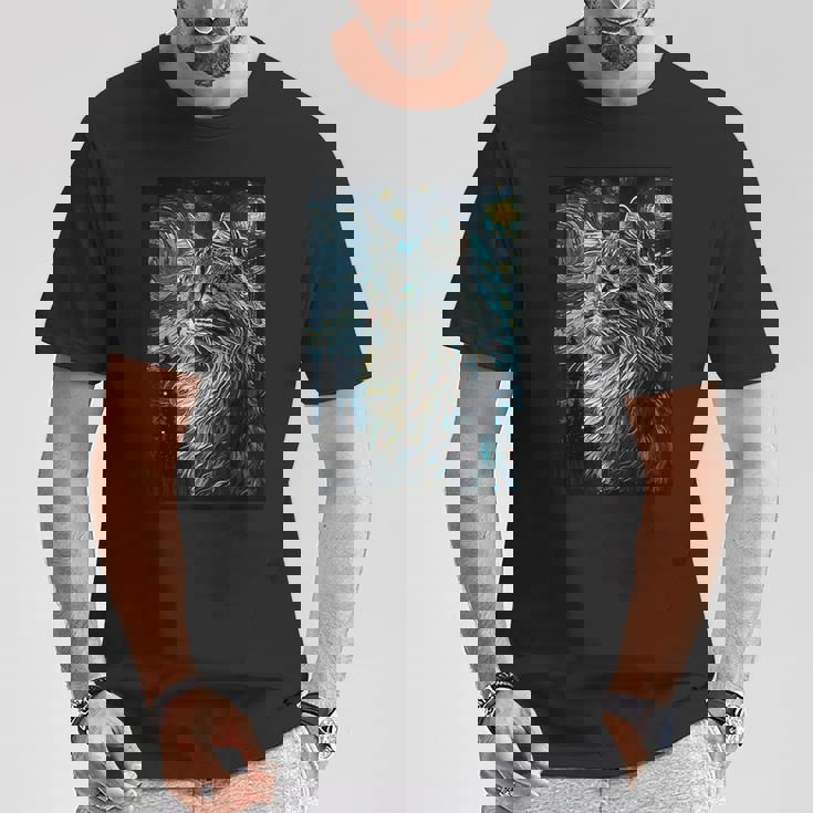 メインクーン 猫 ゴッホ 星月夜 猫好き 猫 お母さん お父さん Tシャツ 面白い贈り物