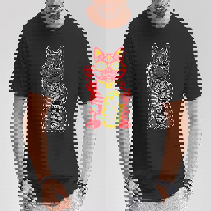 メキシコ 死者の日 と 招き猫 ネコ を組合わせた シュガー スカル キャット 赤 レッド 大吉 猫好き ねこマニア Tシャツ 面白い贈り物