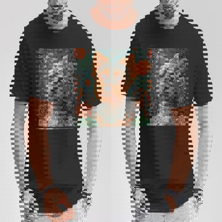 ヨークシャーテリア、ボーホースタイルのグラフィックの周りに多肉植物が描かれています。 Tシャツ 面白い贈り物