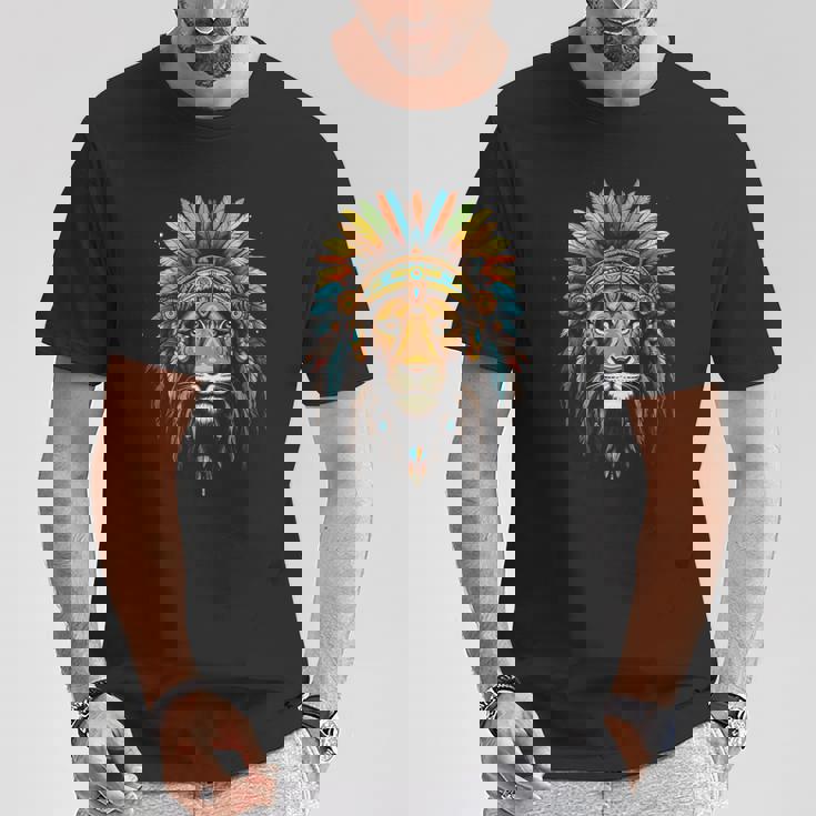 ライオン インディアン ヘッドドレス 羽 部族 ライオン Tシャツ 面白い贈り物