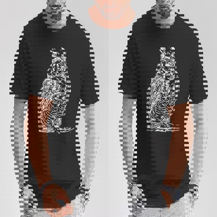 ラインアート 鳥・鳥類学者 オオツノフクロウ Tシャツ 面白い贈り物