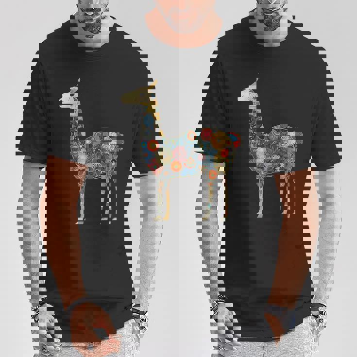 ラマ アルパカ フローラル カラフル 花 ペルーのお土産 Tシャツ 面白い贈り物