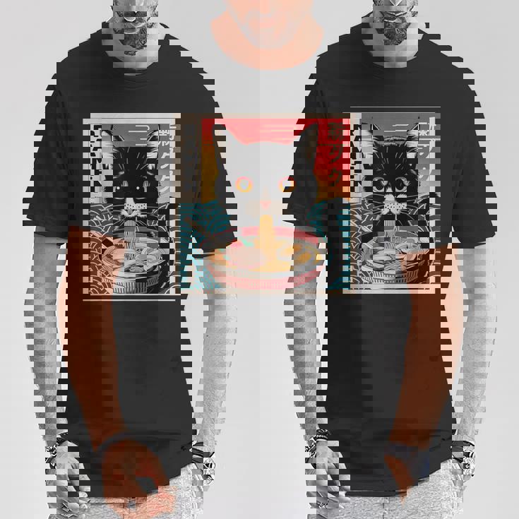 ラーメンと黒猫 和風ビンテージ Tシャツ 面白い贈り物