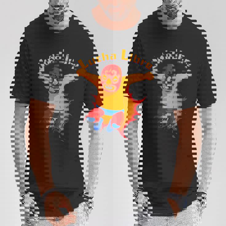 ルチャリブレメキシコ覆面レスラー漫画アクションポーズ Tシャツ 面白い贈り物