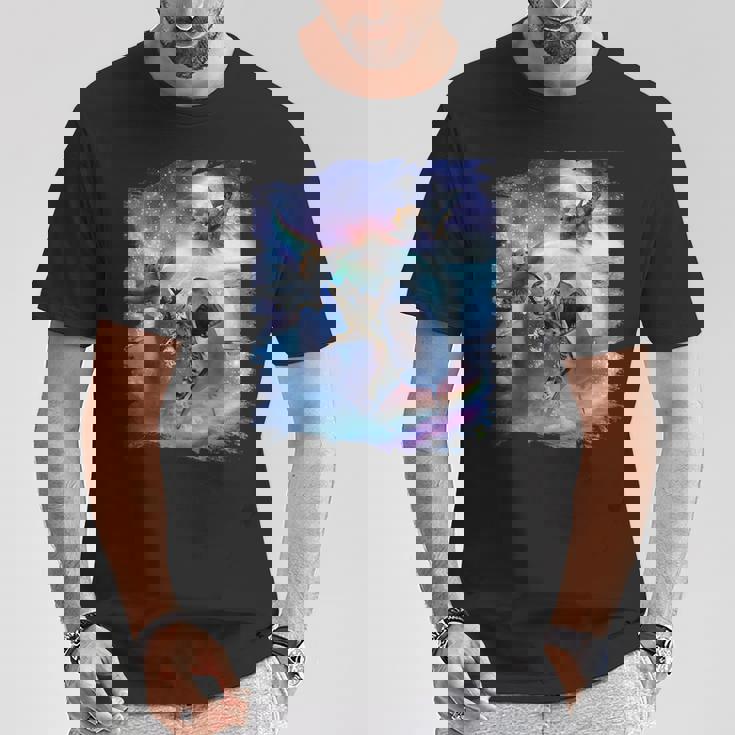レインボーギャラクシー 宇宙に乗るサメに乗る猫 Tシャツ 面白い贈り物