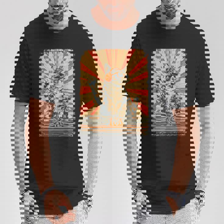 レトロ Dj 猫 ヘッドフォン付き ディスコ 音楽愛好家 男性 女性 キッズ Tシャツ 面白い贈り物