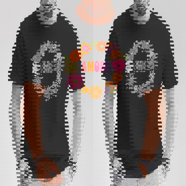 レトロ ボーホー フラワー アモーレ 愛 イタリア語 イタリア 旅行 Tシャツ 面白い贈り物