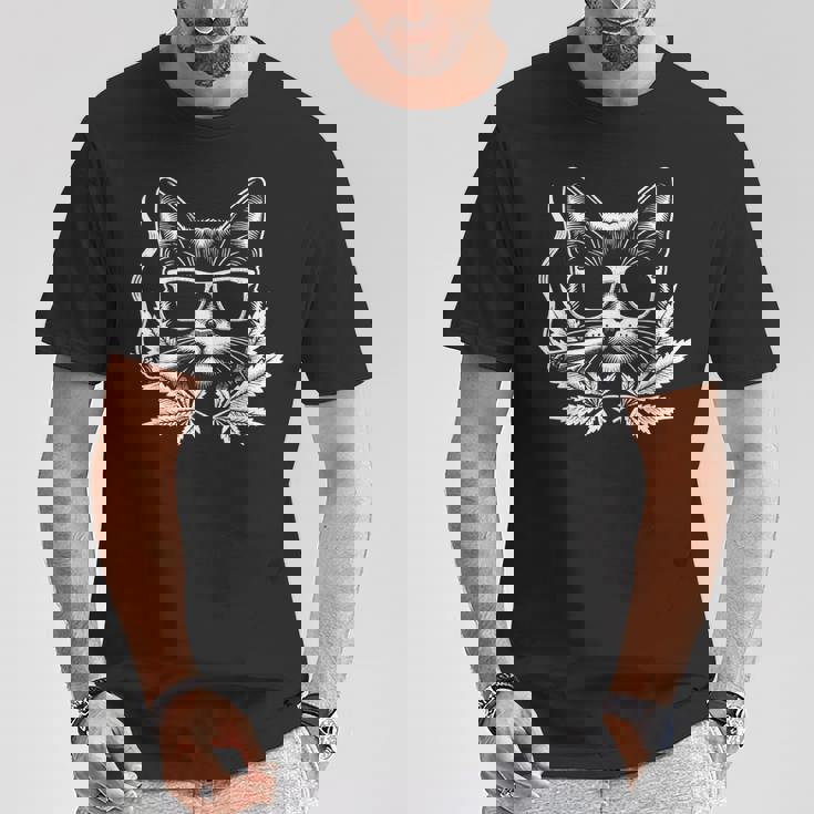 レトロな猫 サングラス付き 喫煙 大麻 雑草 葉 Tシャツ 面白い贈り物