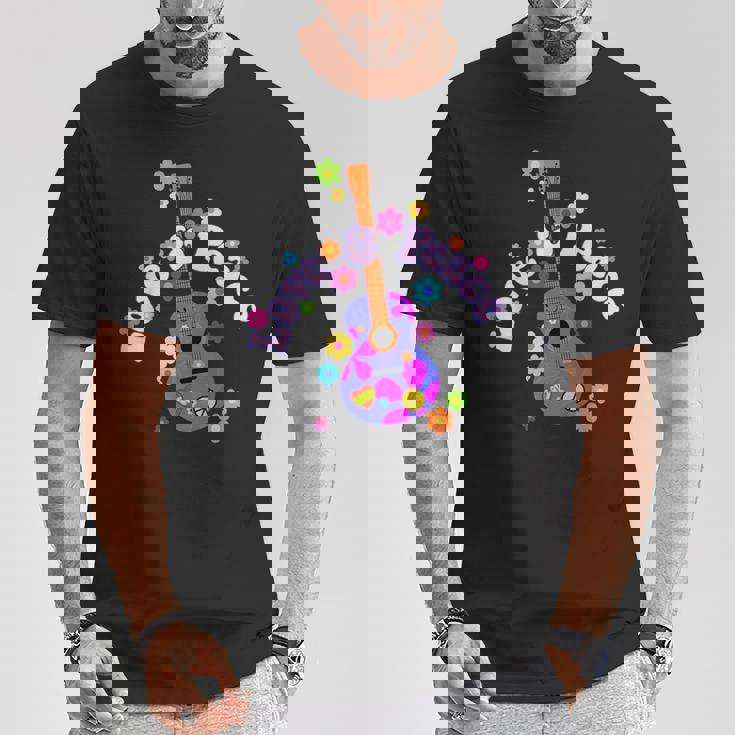 レトロフラワーパワーギター-ラブアンドピース2-ファンファン Tシャツ 面白い贈り物