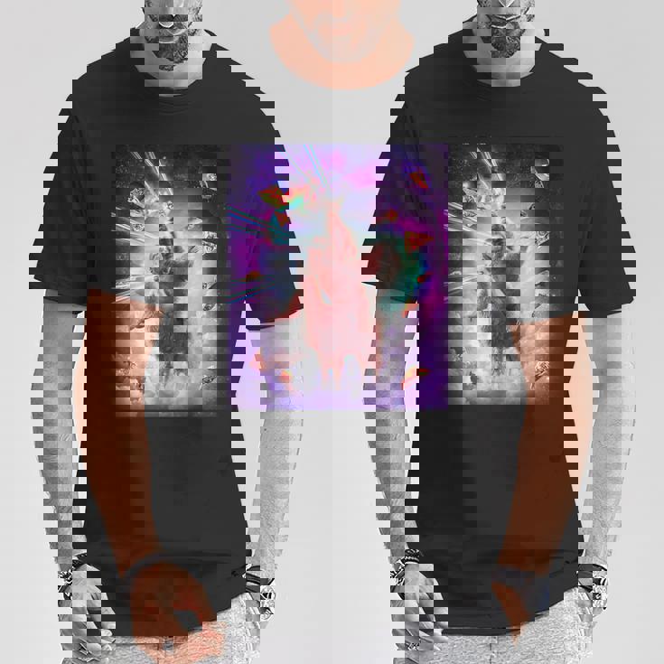 レーザーアイズスペースキャットライディングナマケモノ、ラマ-レインボー Tシャツ 面白い贈り物