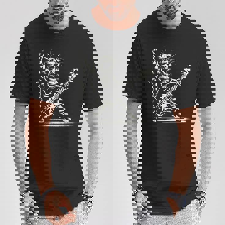 ロッキーキャット ベースギター4面エレキベースプレーヤー Tシャツ 面白い贈り物