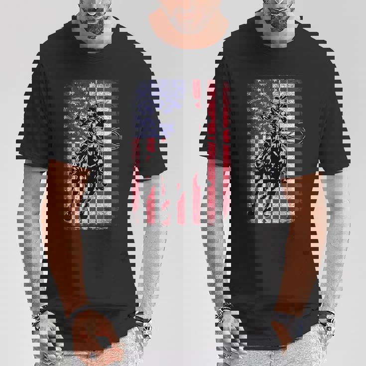 ロデオ 馬 アメリカ国旗 アメリカ カントリー カウボーイ ウェスタン Tシャツ 面白い贈り物