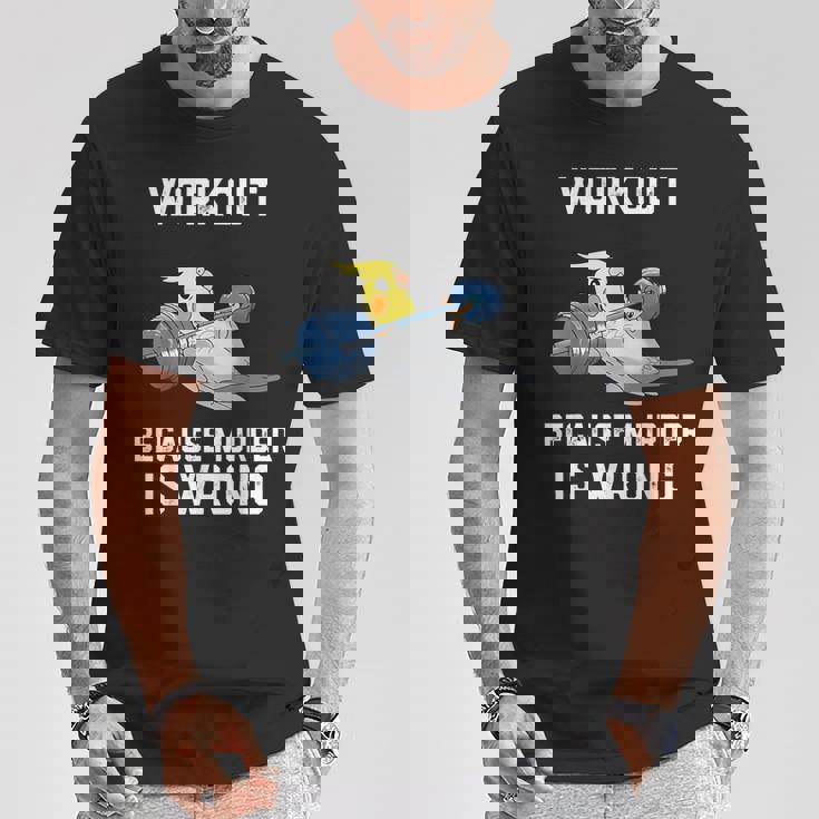 ワークアウト Because Murder Is Wrong 面白いオウム オカメインコ 鳥 Tシャツ 面白い贈り物