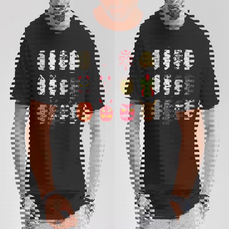 ヴィンテージ グラフィカル 日本 アート 天狗 きつね ひょっとこ マスク Tシャツ 面白い贈り物