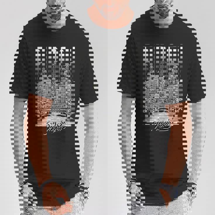ヴィンテージ ピッツバーグ スカイライン ドローイング バーグ スチール シティ ブリッジ Tシャツ 面白い贈り物