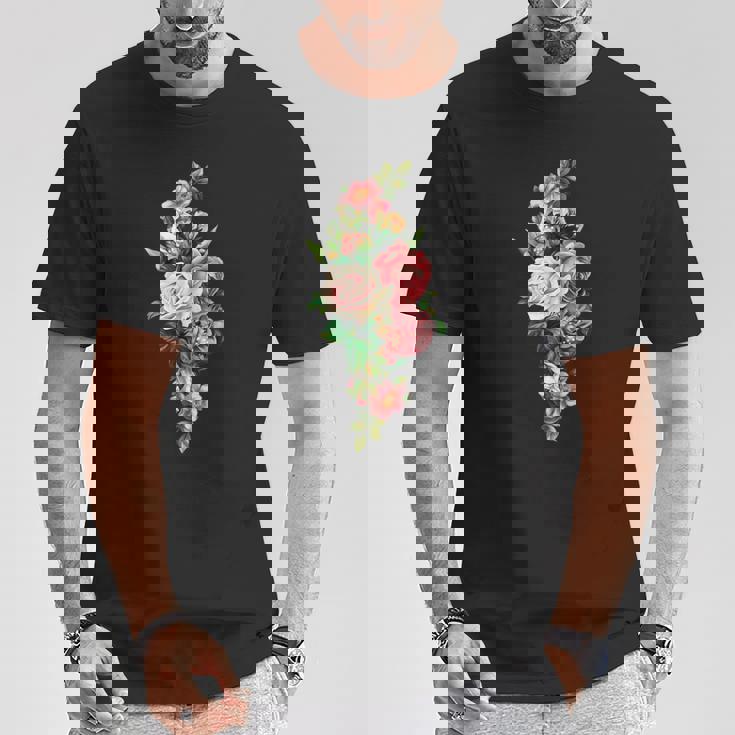 ヴィンテージ フローラル ボタニカル ピンク レッド ホワイト ローズ Tシャツ 面白い贈り物