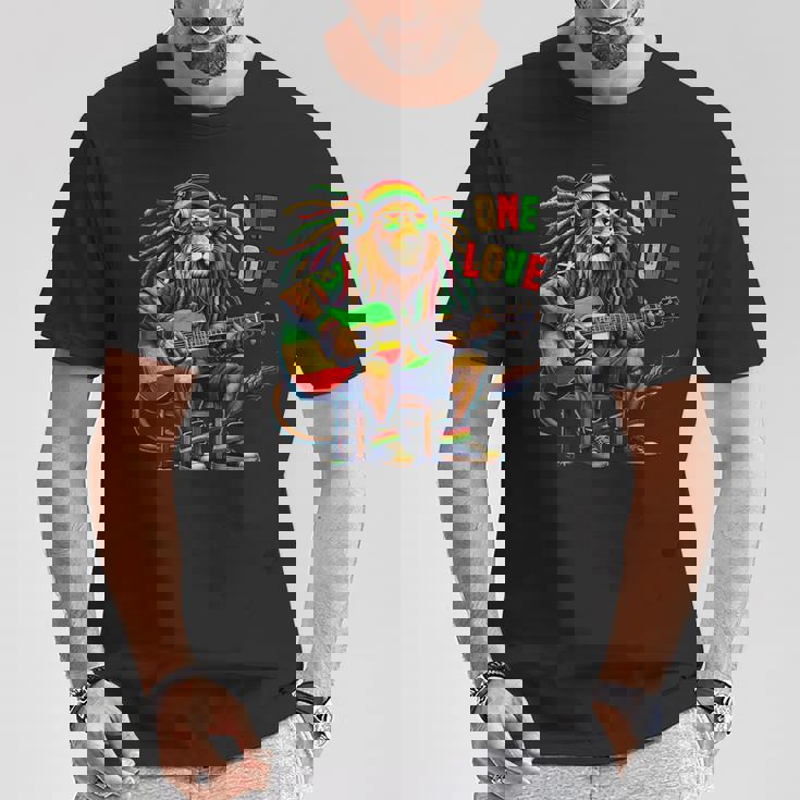 ヴィンテージ ラスタ ライオン レゲエ 音楽 One Loveibe ギター グラフィック Tシャツ 面白い贈り物