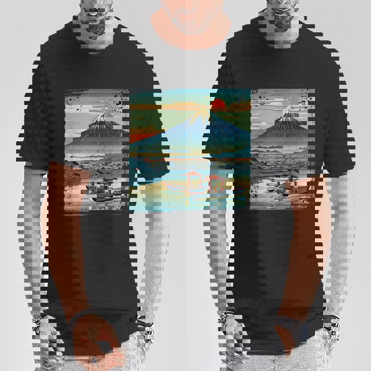 ヴィンテージ 日本の富士山 山に昇る太陽 Tシャツ 面白い贈り物