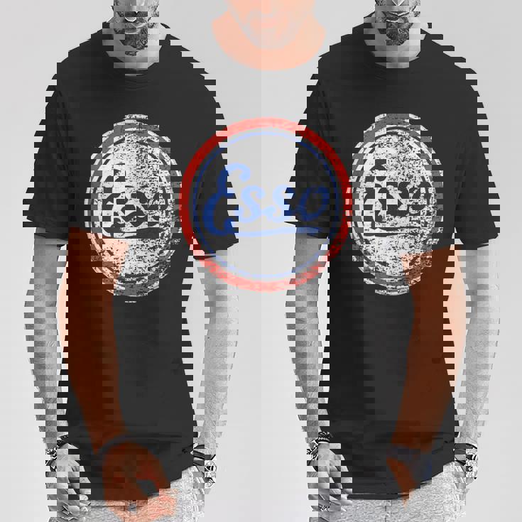 ヴィンテージカーessoガソリンスタンドメンズとレディース。 Tシャツ 面白い贈り物