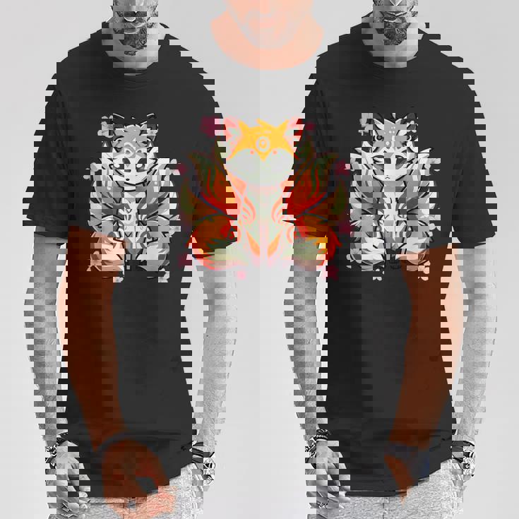 九尾 狐 きつね 日本の桜 Tシャツ 面白い贈り物