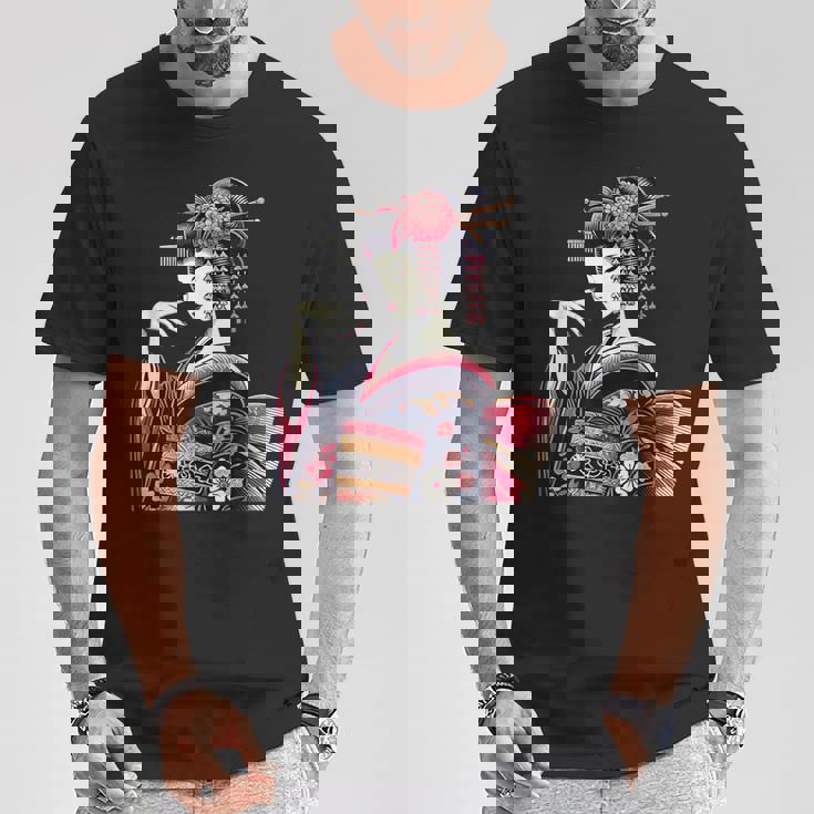 伝統的な着物のエレガントな日本の芸者のイラスト Tシャツ 面白い贈り物