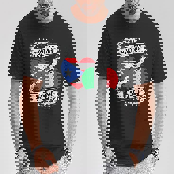 半分イタリア半分プエルトリコの国旗 ハート イタリア プエルトリコ Tシャツ 面白い贈り物