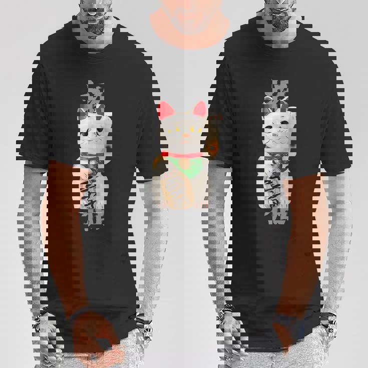 和風招き猫デザイン 縁起物アート 招福と金運アップ Tシャツ 面白い贈り物