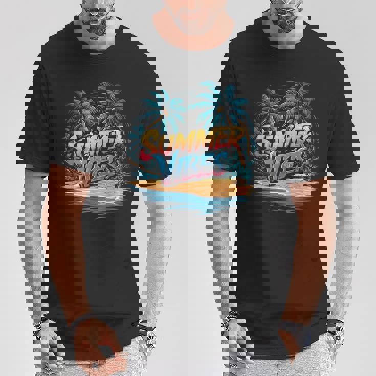 夏 バイブ トロピカル ビーチ ヤシの木 オーシャン サンシャイン Tシャツ 面白い贈り物