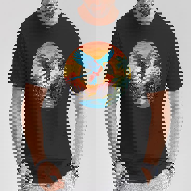 夕日の美しいコンゴウインコ、スカーレットコンゴウインコ Tシャツ 面白い贈り物