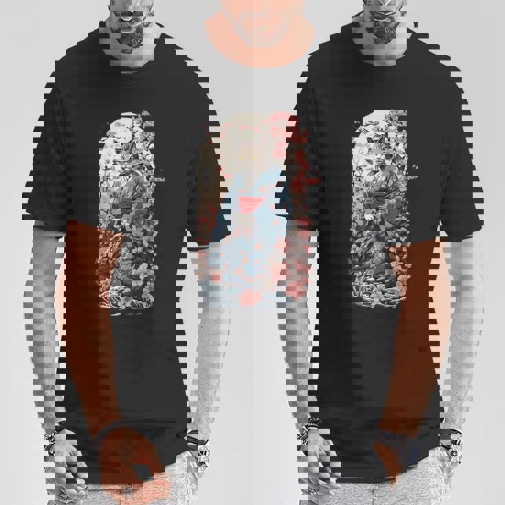 妖怪猫 着物美桜風 Tシャツ 面白い贈り物