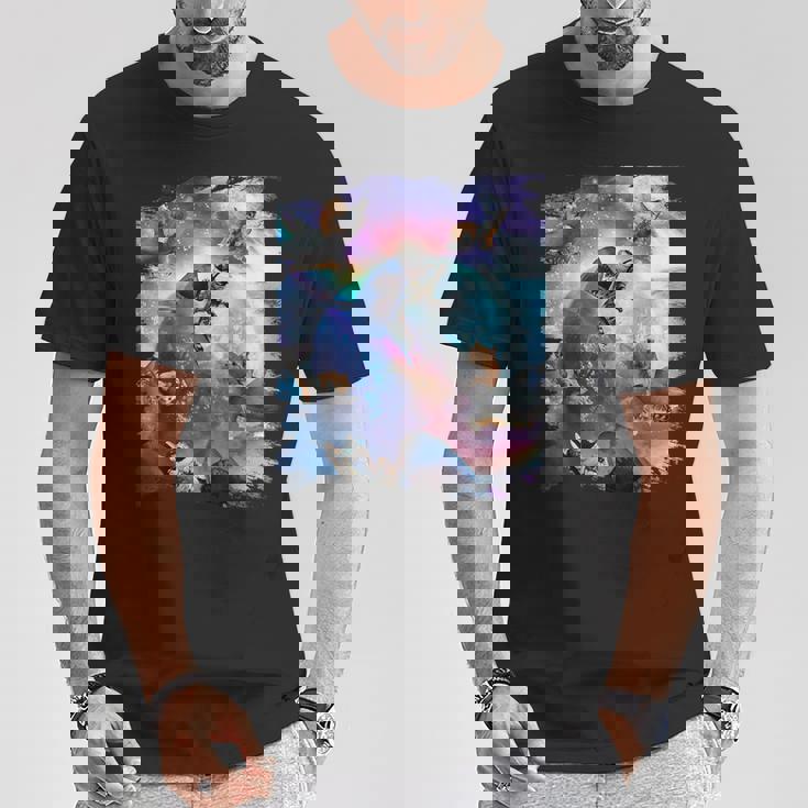 宇宙猫 乗馬サメ ギャラクシー レインボーキャット オンシャークス Tシャツ 面白い贈り物