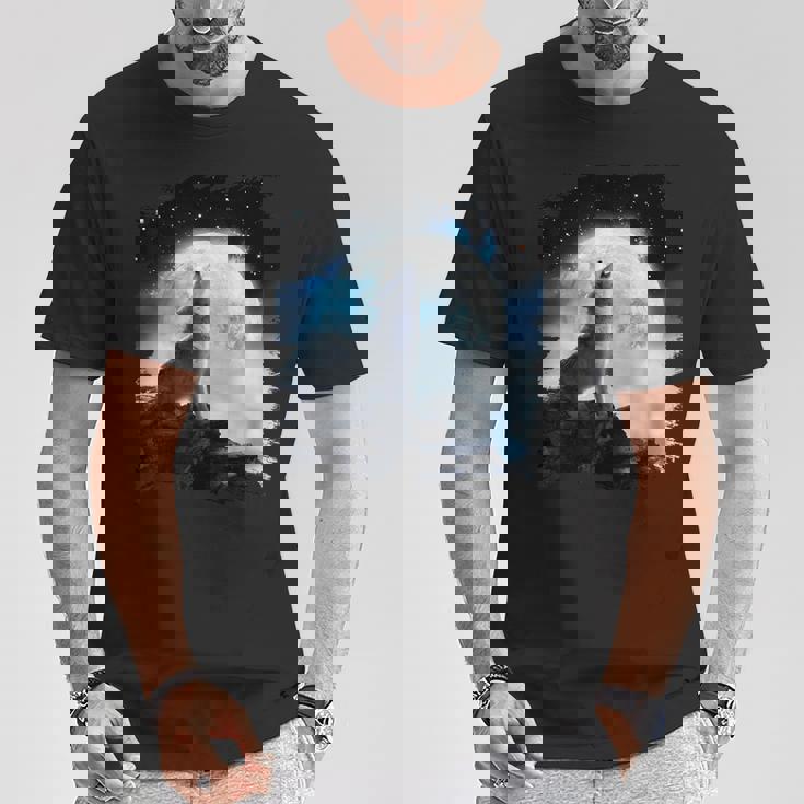 宇宙空間 オオカミ 月に遠吠えするオオカミ Tシャツ 面白い贈り物