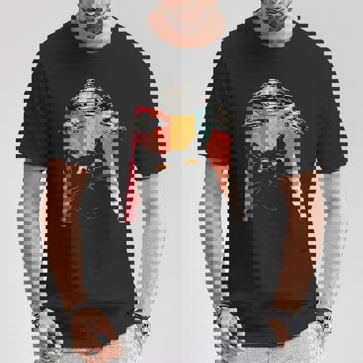 宇宙船 宇宙人 猫 Ufo 黒猫 面白い Tシャツ 面白い贈り物