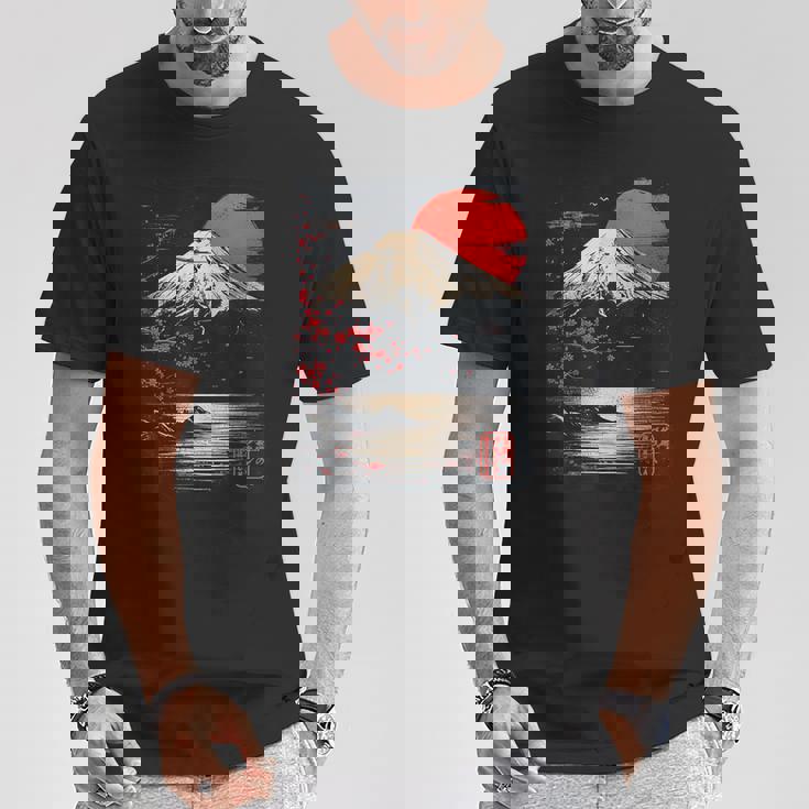 富士山と桜の至福 ヴィンテージ日本美術フュージョンtシャツ Tシャツ 面白い贈り物