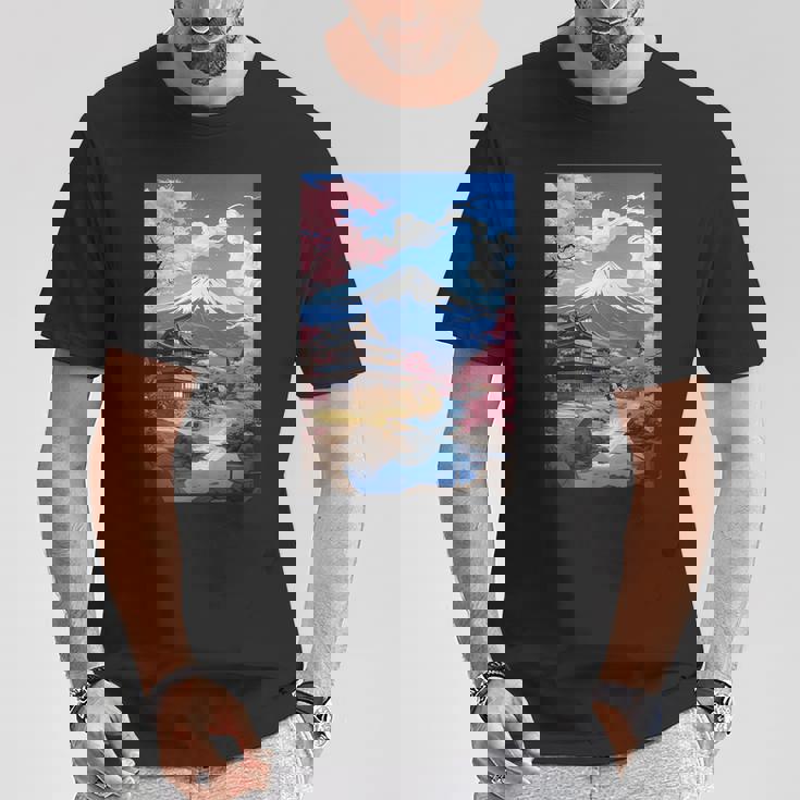 寺と富士山のある日本の風景 Tシャツ 面白い贈り物