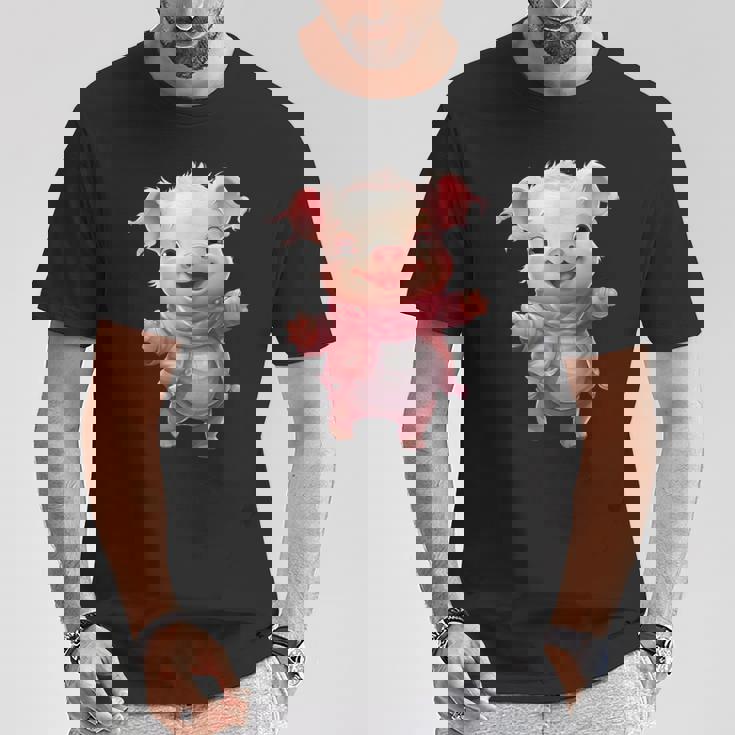 帽子とスカーフを着た豚のクリスマスプレゼント Tシャツ 面白い贈り物