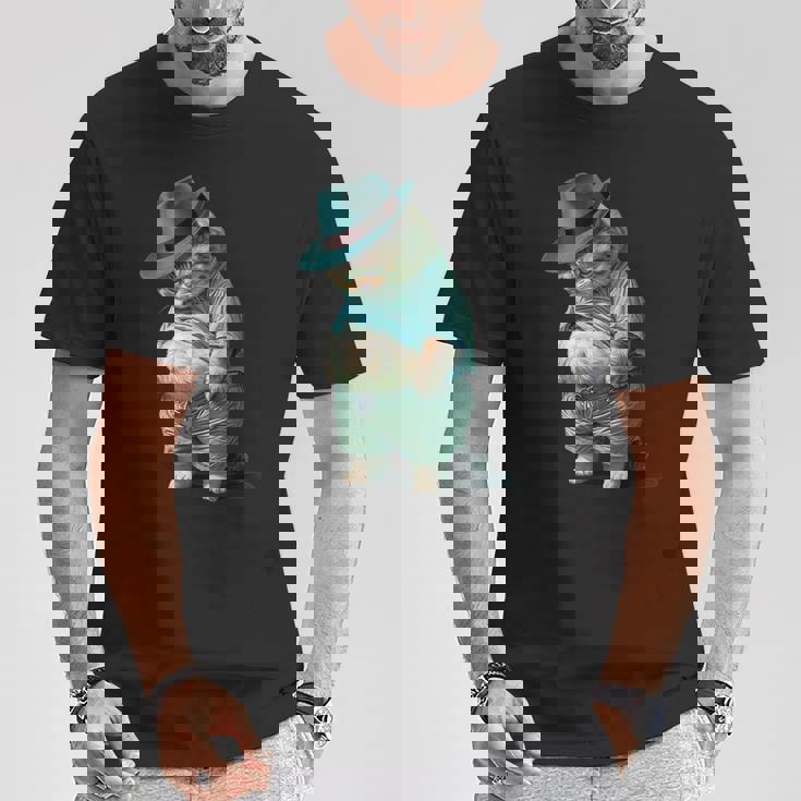 帽子をかぶった面白い太った猫 Ia アート デザイン太った子猫猫愛好家 Tシャツ 面白い贈り物