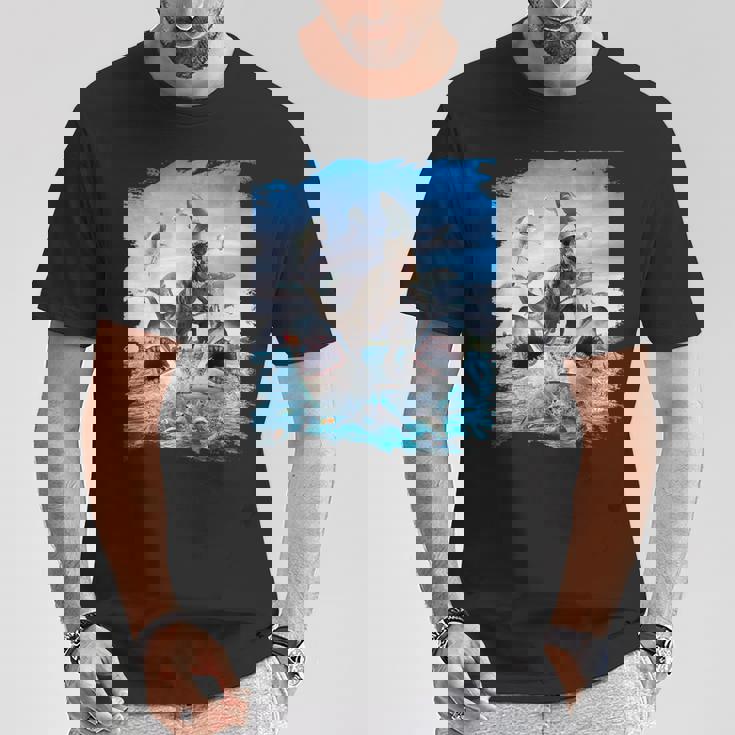 恐竜乗馬サメ ビーチオーシャンサメ サングラス 面白い Tシャツ 面白い贈り物