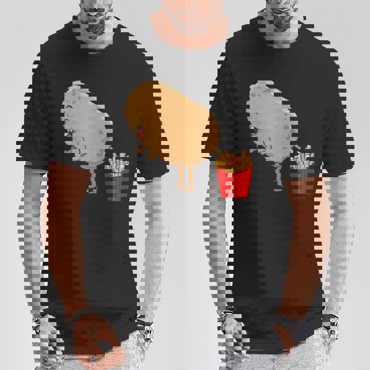 愉快なフライドポテト食べ物デザイン 男女兼用 Tシャツ 面白い贈り物