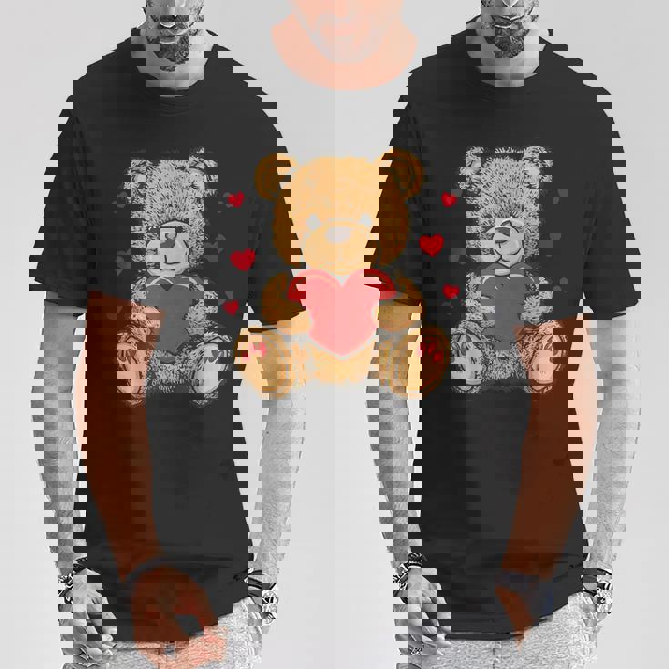 愛らしいハート付きテディベア ラブぬいぐるみ Tシャツ 面白い贈り物