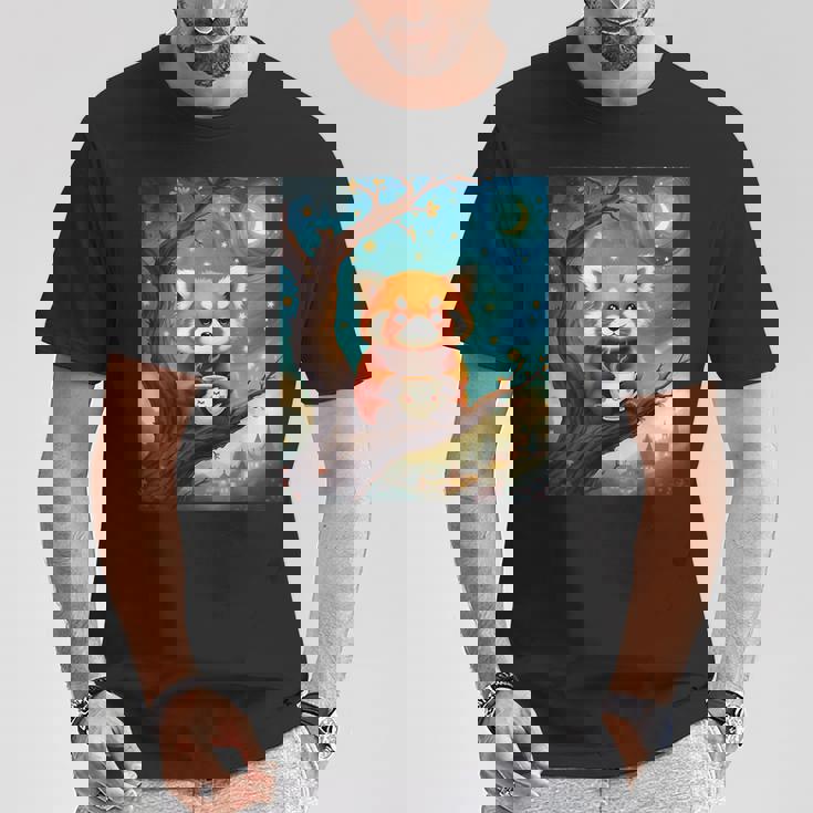 愛らしいレッサーパンダとティーカップの星月夜イラスト Tシャツ 面白い贈り物