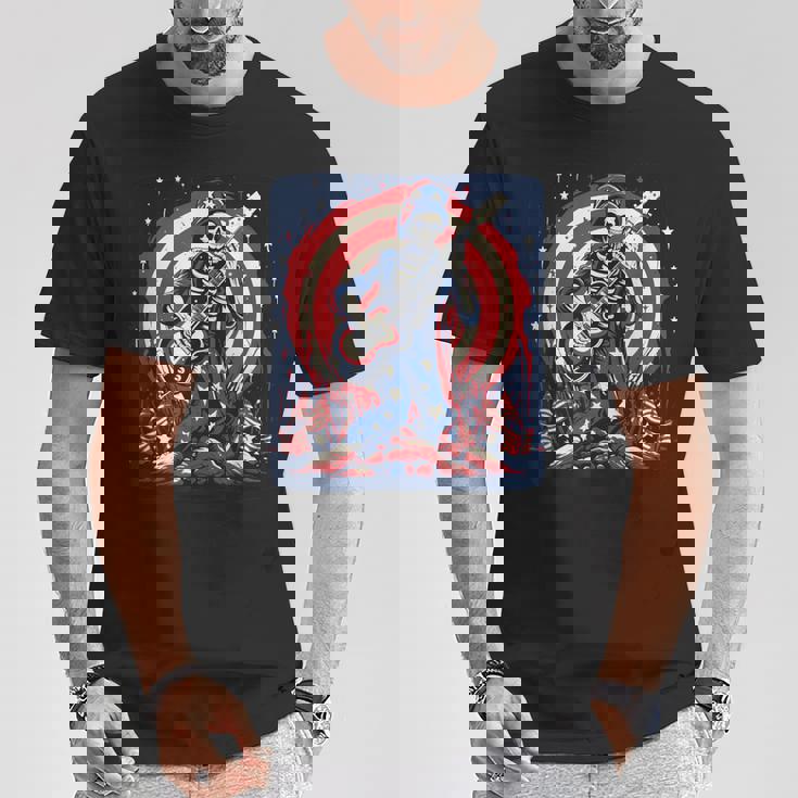 愛国的なスケルトン ロックンロールミュージック アメリカンスタイル Tシャツ 面白い贈り物