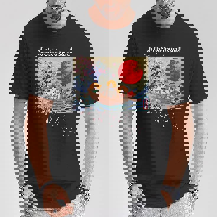 日本 版画 ダッチ デコイ スパニエル デコピン 神奈川の波 海 桜 Tシャツ 面白い贈り物