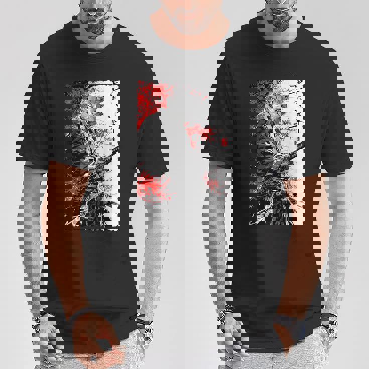 日本のクモユリ 侍 猫 グランジ 浮世絵 アニメアート Tシャツ 面白い贈り物