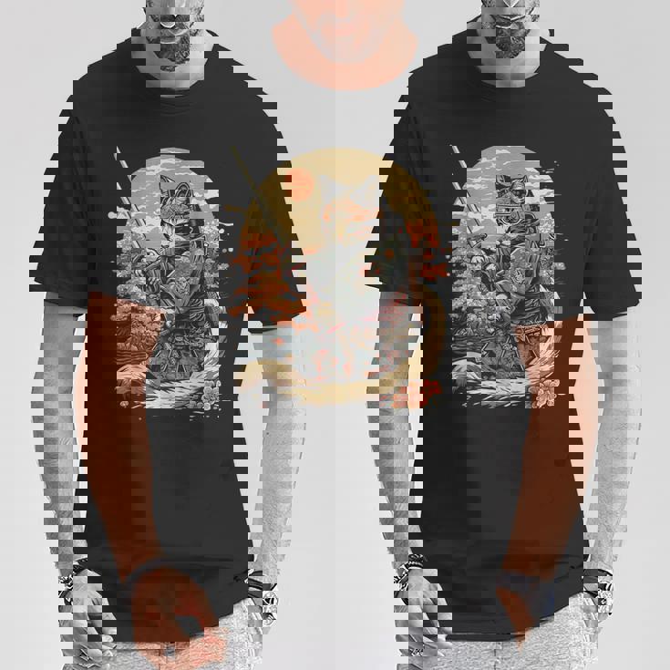 日本のサムライキャットプリント Tシャツ 面白い贈り物