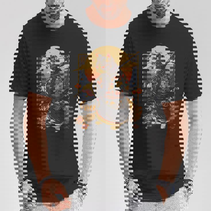 日本の芸術 猫 忍者 浮世絵 アニメスタイル サムライキャット Tシャツ 面白い贈り物