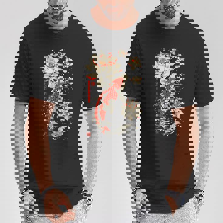 日本の鯉 魚 蓮の花 ヴィンテージ アート 日本 Tシャツ 面白い贈り物