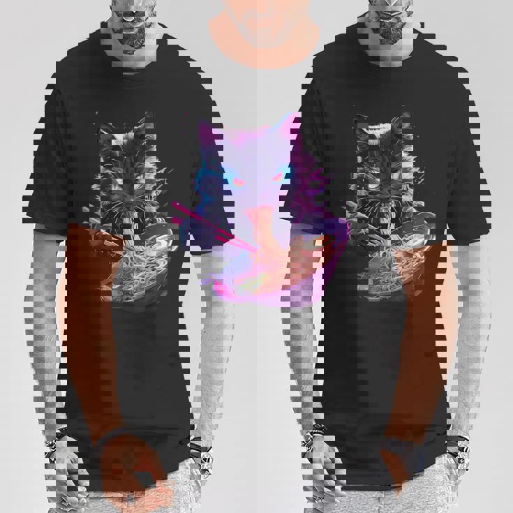 日本美術 ラーメン 猫 忍者 シンセウェーブ スタイル サムライキャット Tシャツ 面白い贈り物