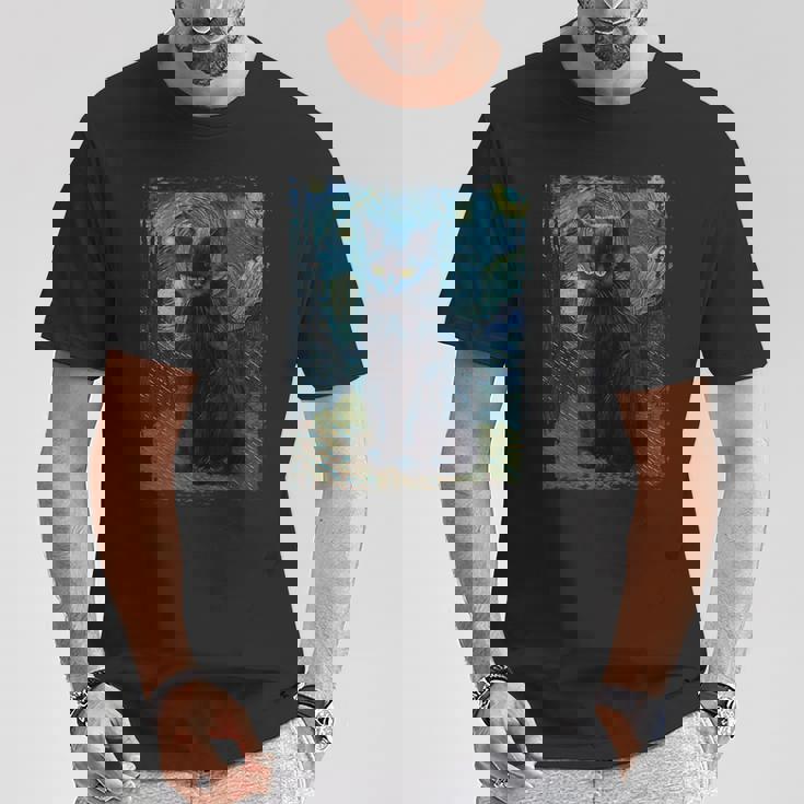星月夜 ヴィンセント・ヴァン・ゴッホ 黒猫 レトロ絵画 猫 Tシャツ 面白い贈り物