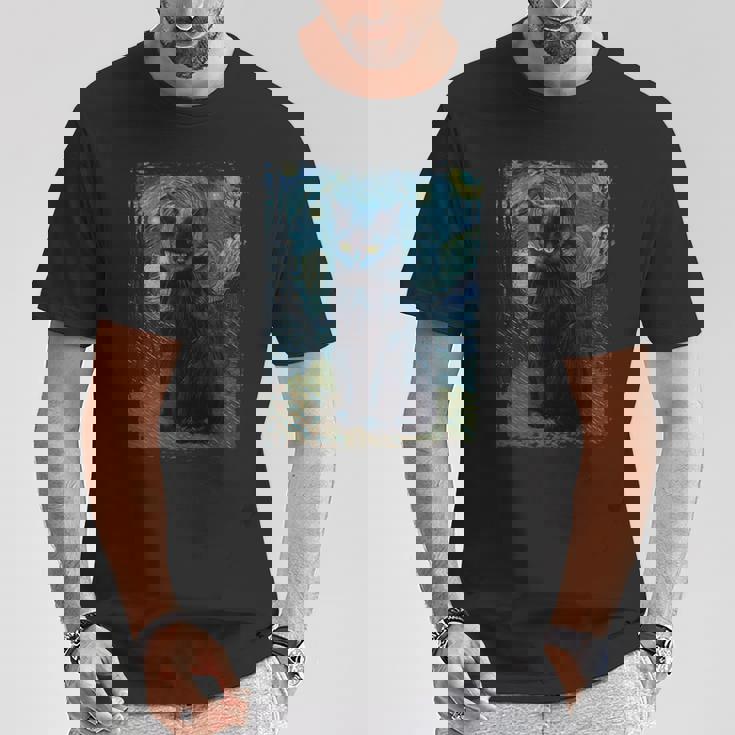 星月夜 ヴィンセント・ヴァン・ゴッホ 黒猫 レトロ絵画 猫 長袖tシャツ Tシャツ 面白い贈り物